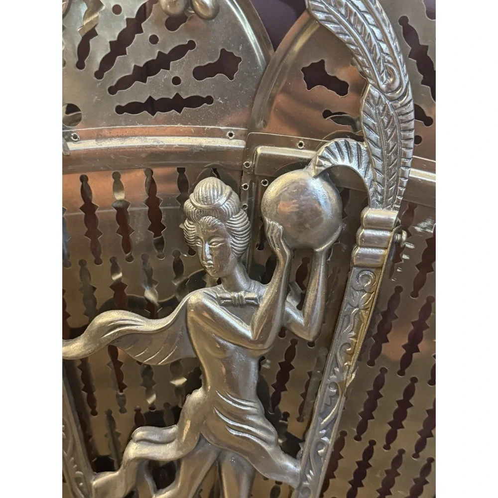 Vintage Art Deco Brass Peacock Fan Fireplace Screen Figural Filigree Goddess